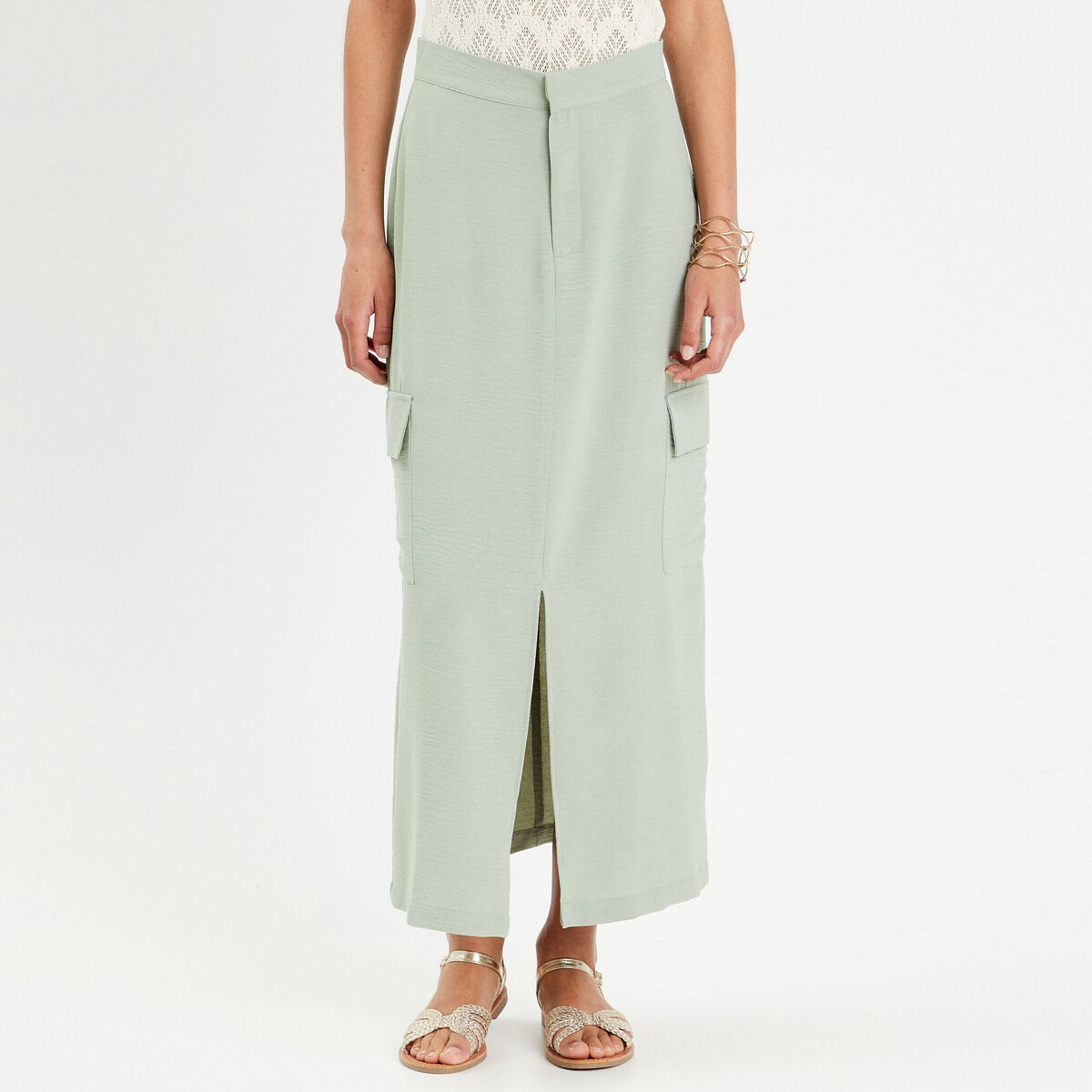 Jupe droite poches à rabat vert olive femme