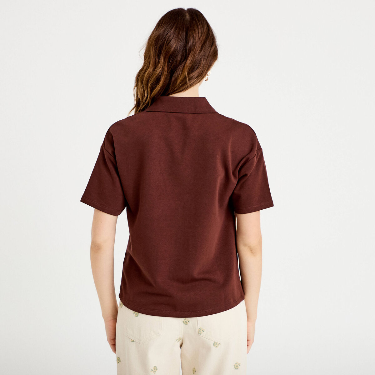 Sweat col chemise manches courtes marron femme