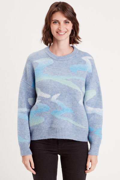 Pull manches longues col rond bleu pastel femme