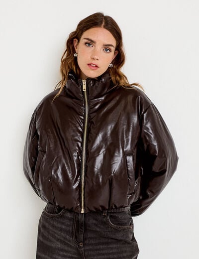 Doudoune cropped similicuir col montant marron fonc&eacute; femme
