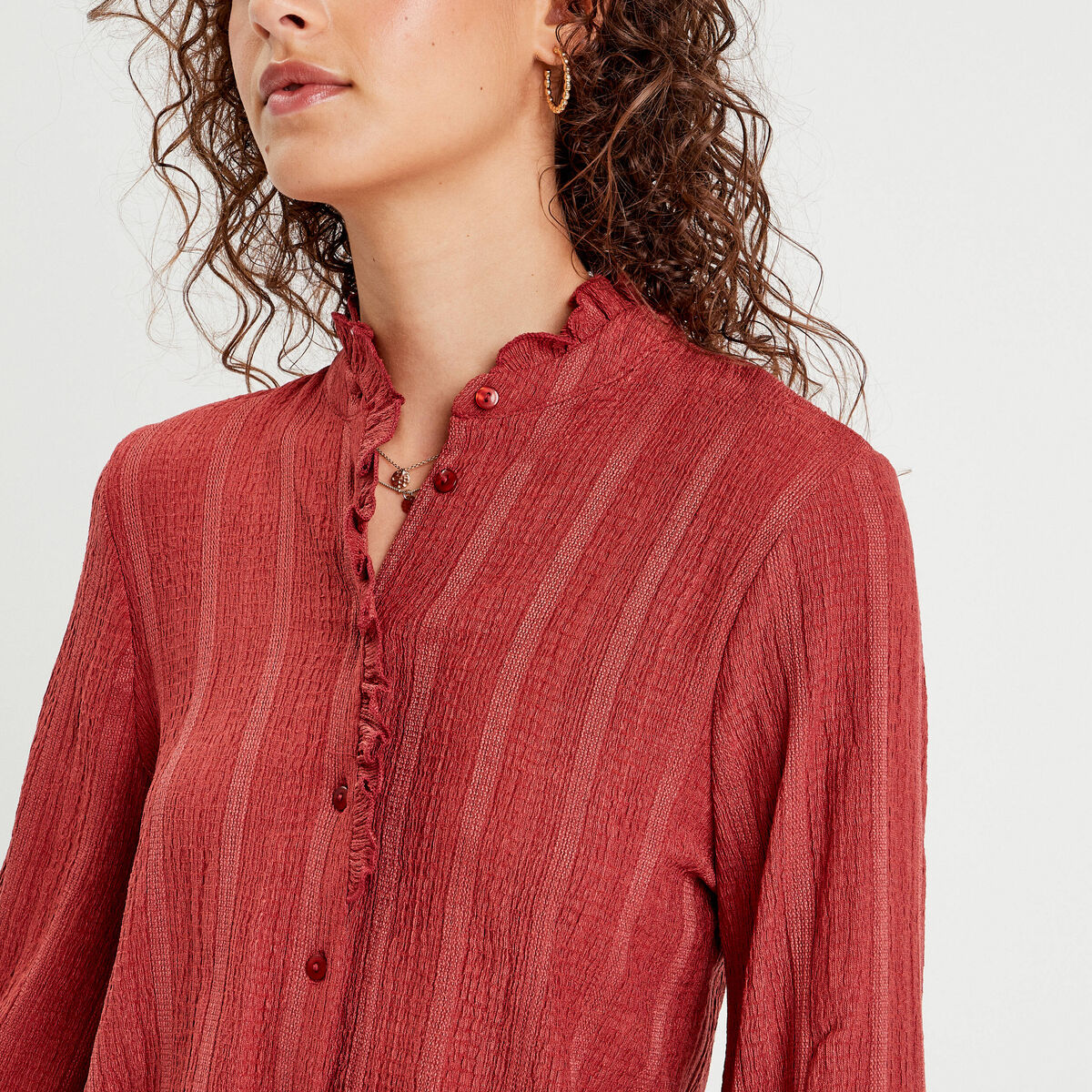 Chemise manches longues volants vieux rose femme