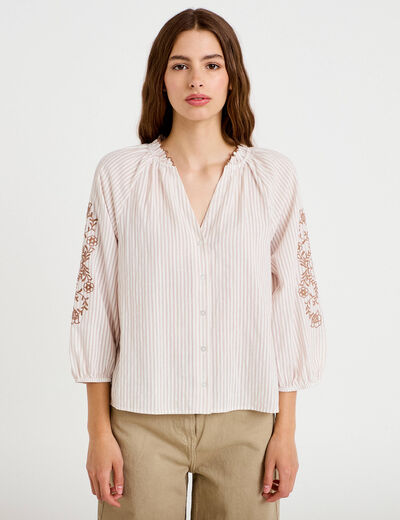 Blouse col v broderie manches 3/4 sable femme