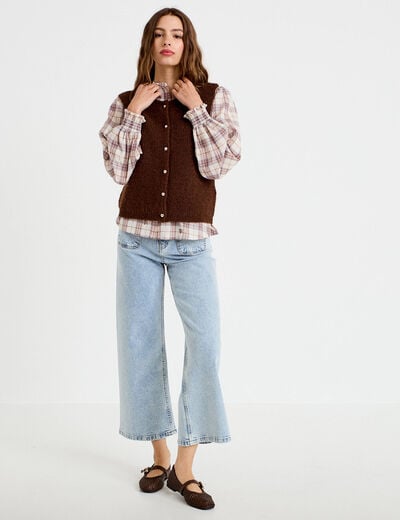 Blouse ample col montant manches longues beige femme
