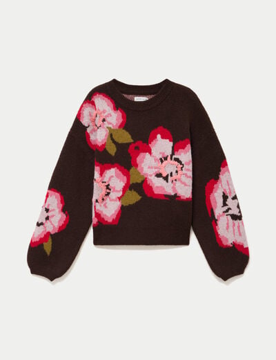 Pull ample col rond manches longues marron fonc&eacute; femme