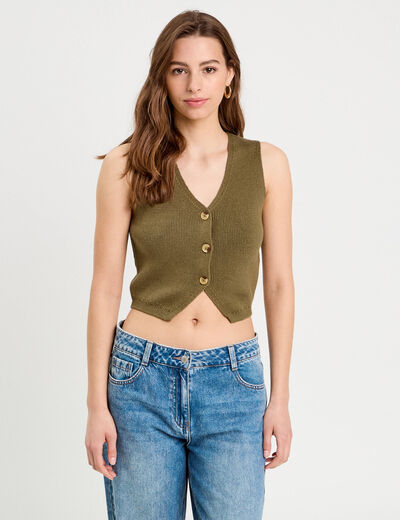 Gilet sans manches col en V vert kaki femme
