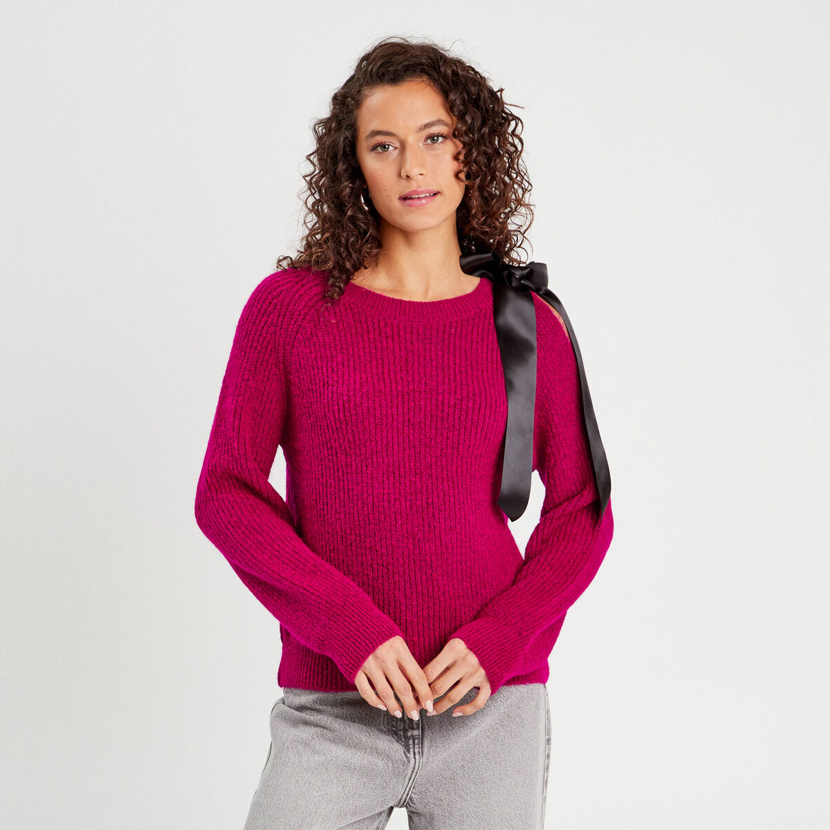 Pull avec noeud rose fushia femme