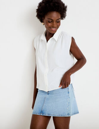 Chemise ample sans manches pliss&eacute;e ecru femme