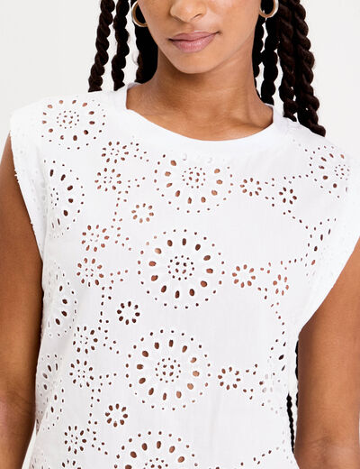 T-shirt sans manches brodé blanc femme