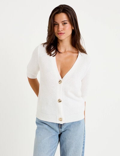 Gilet col v manches courtes ecru femme