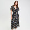 Robe évasée col v manches courtes noir femme