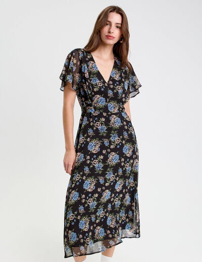 Robe évasée col v manches courtes noir femme