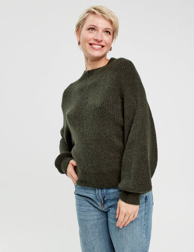 Pull col montant vert kaki femme