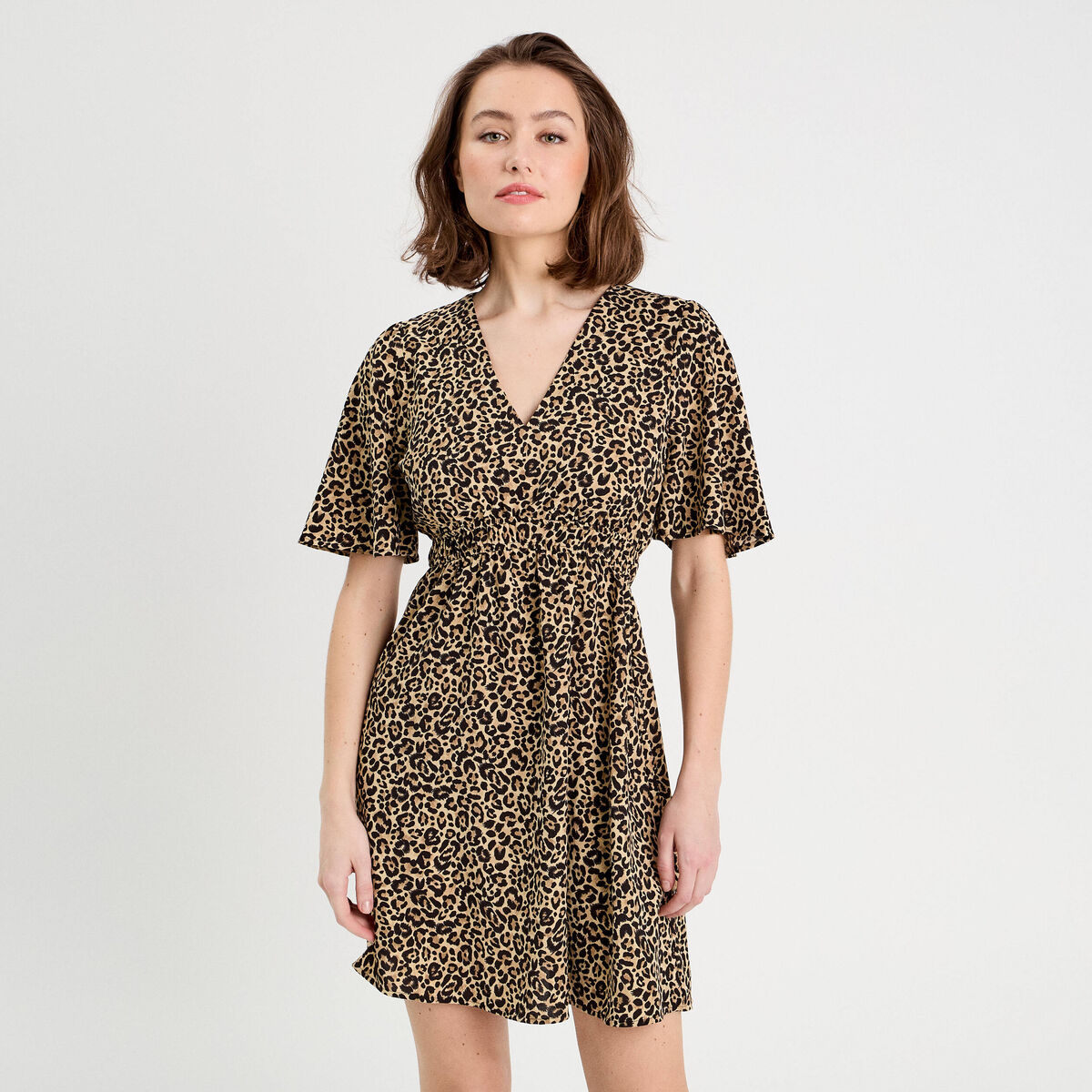 Robe évasée manches courtes beige femme