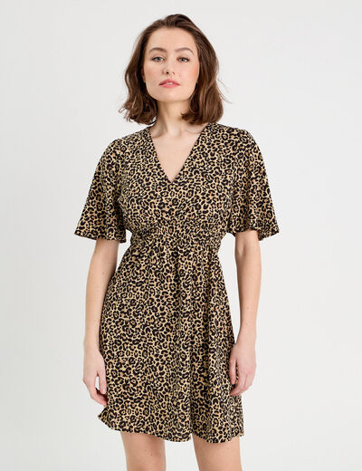 Robe évasée manches courtes beige femme