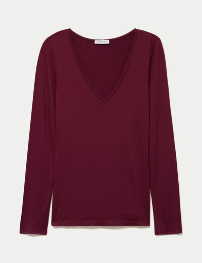 T-shirt thermique col en V plumetis bordeaux femme