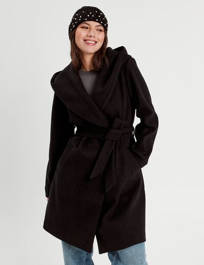 Manteau ceinturé à capuche noir femme