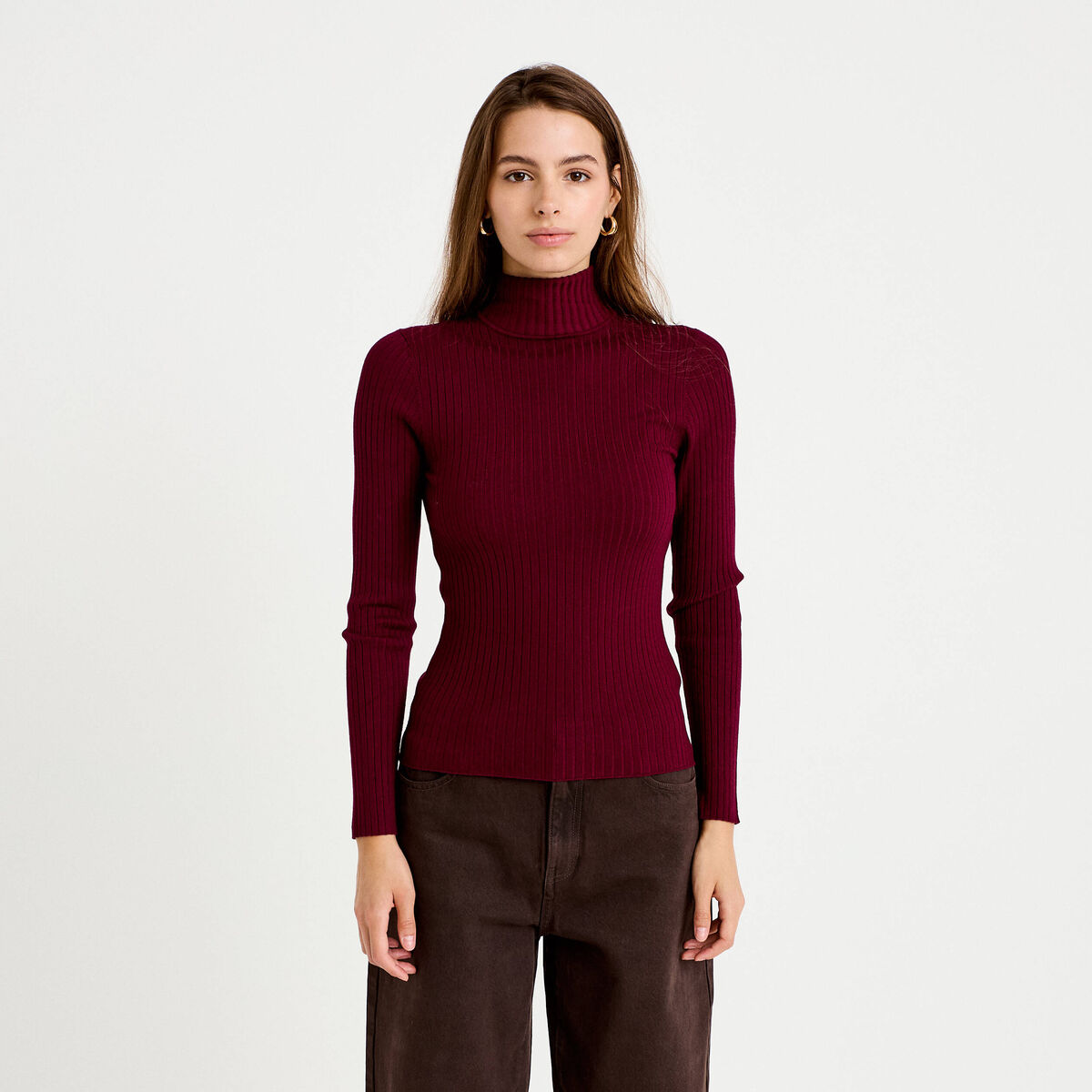 Pull c&ocirc;tel&eacute; col roul&eacute; bordeaux femme