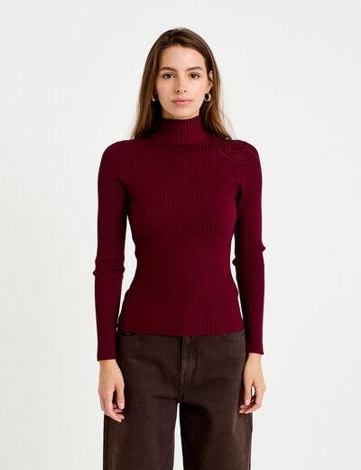 Pull c&ocirc;tel&eacute; col roul&eacute; bordeaux femme
