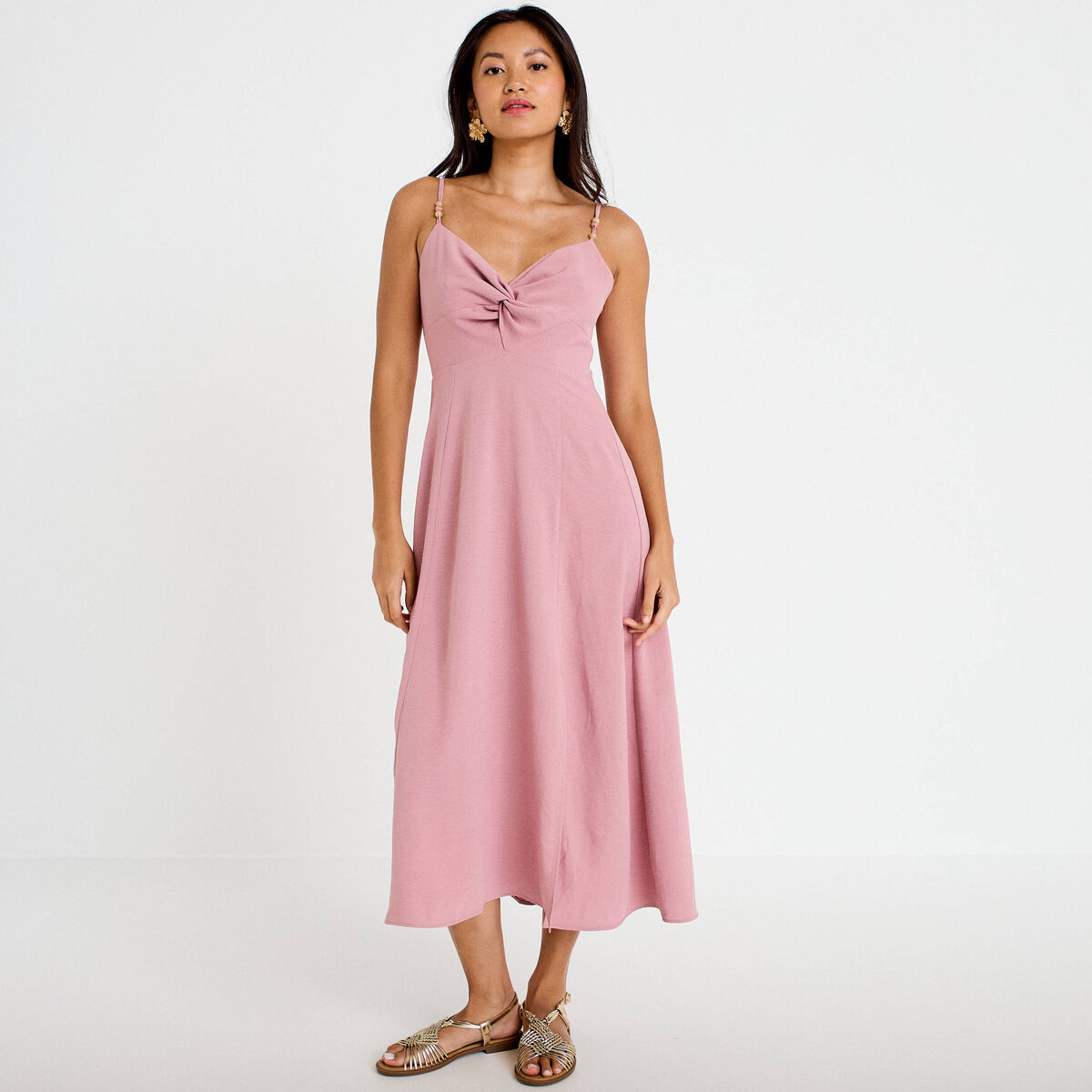 Robe longue &eacute;vas&eacute;e fendue vieux rose femme