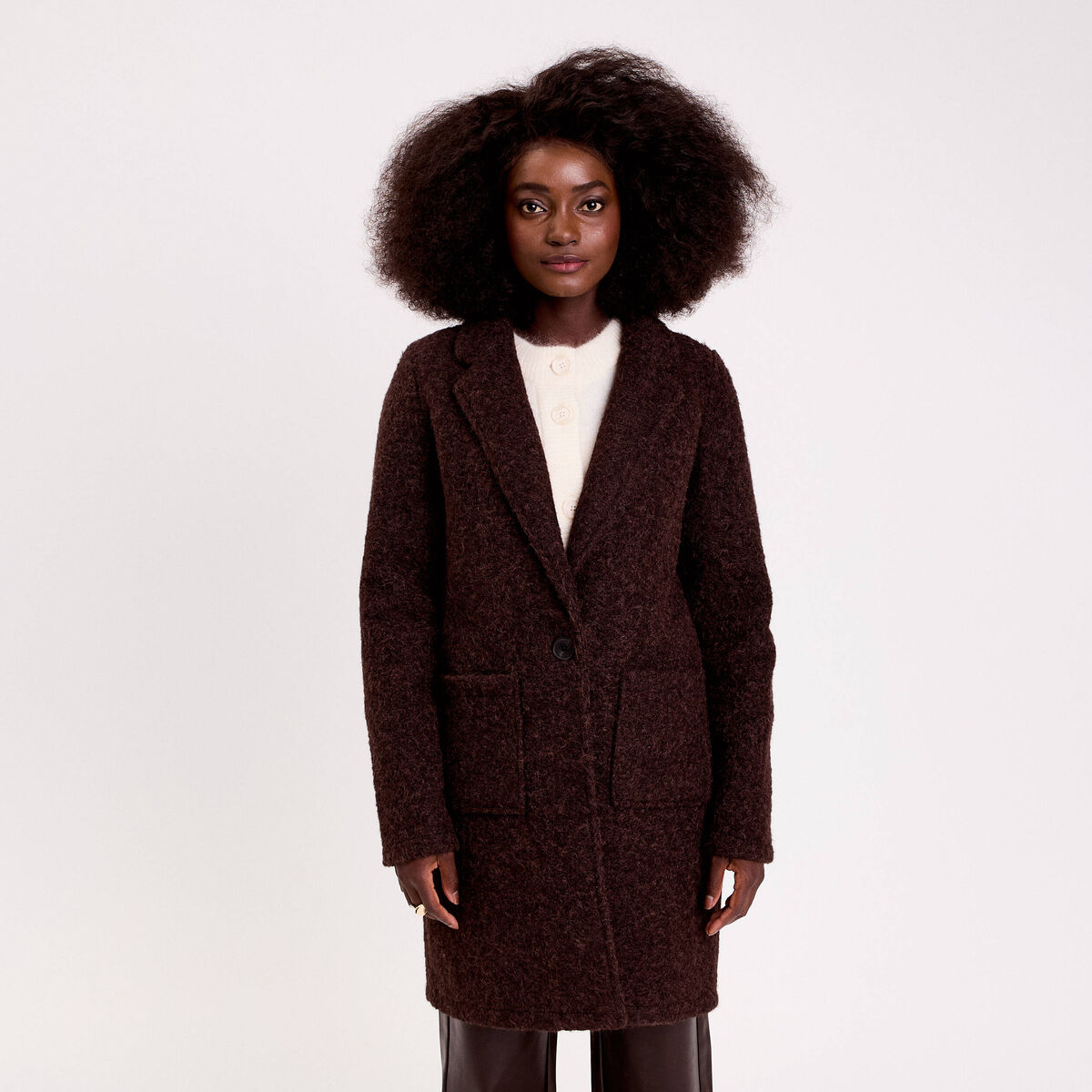 Manteau bouclette marron fonc&eacute; femme