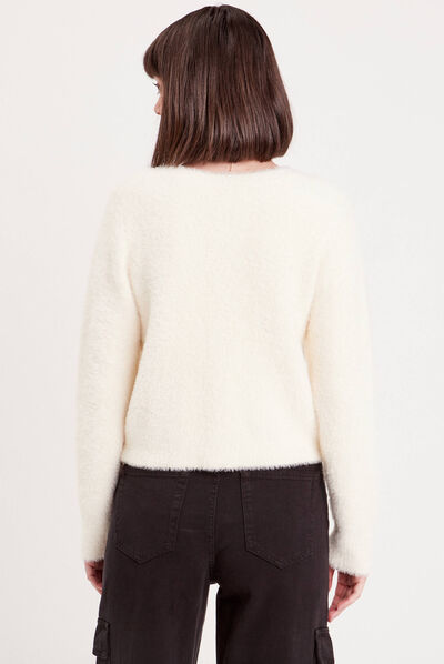Gilet col rond boutonné ecru femme