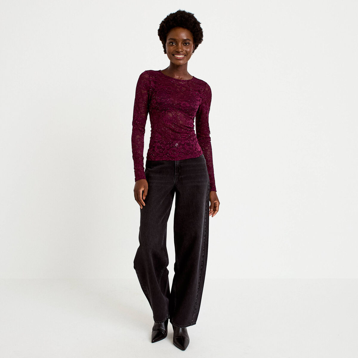 Top ajust&eacute; manches longues dentelle prune femme