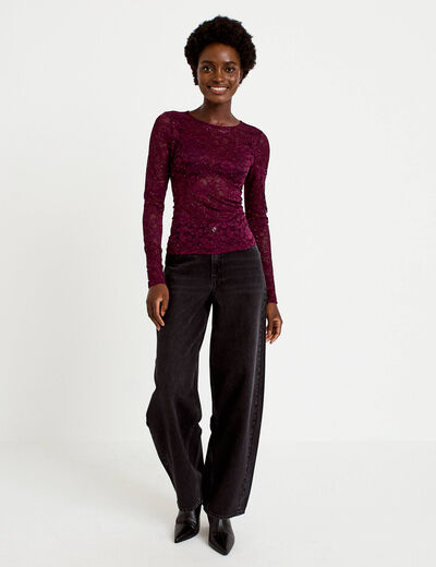 Top ajust&eacute; manches longues dentelle prune femme