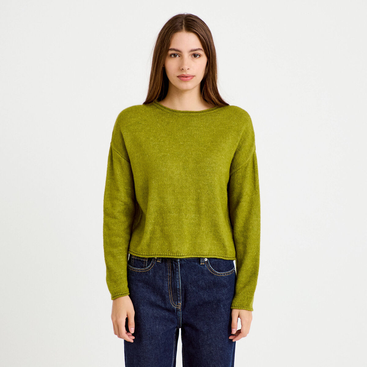Pull manches longues vert fonc&eacute; femme