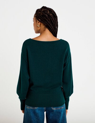 Pull oversize col bateau manches longues vert fonc&eacute; femme