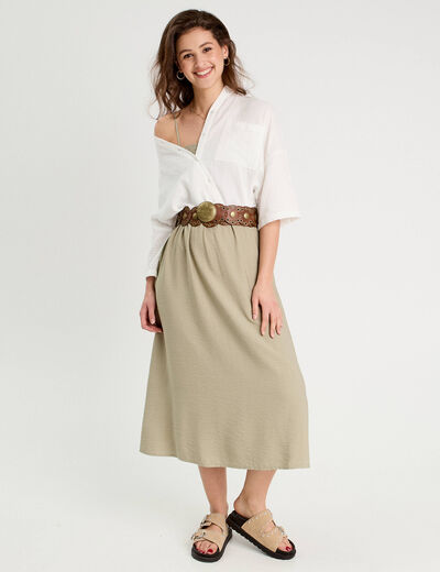 Robe midi évasée smockée vert kaki femme