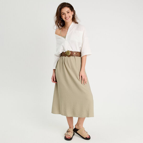 Robe midi évasée smockée vert kaki femme