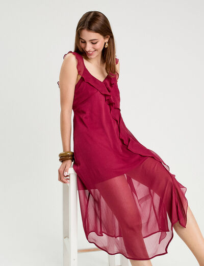 Robe longue évasée volants bordeaux femme