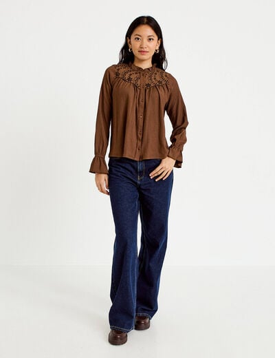 Blouse droite manches longues pliss&eacute;e marron femme