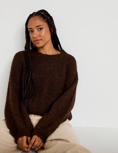 Pull ample col rond manches longues marron fonc&eacute; femme