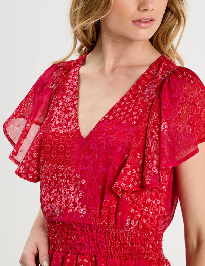 Robe évasée taille smockée rouge femme