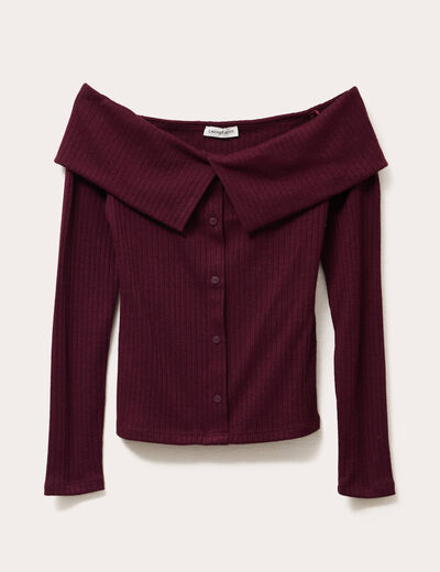T-shirt c&ocirc;tel&eacute; col bardot violet fonc&eacute; femme