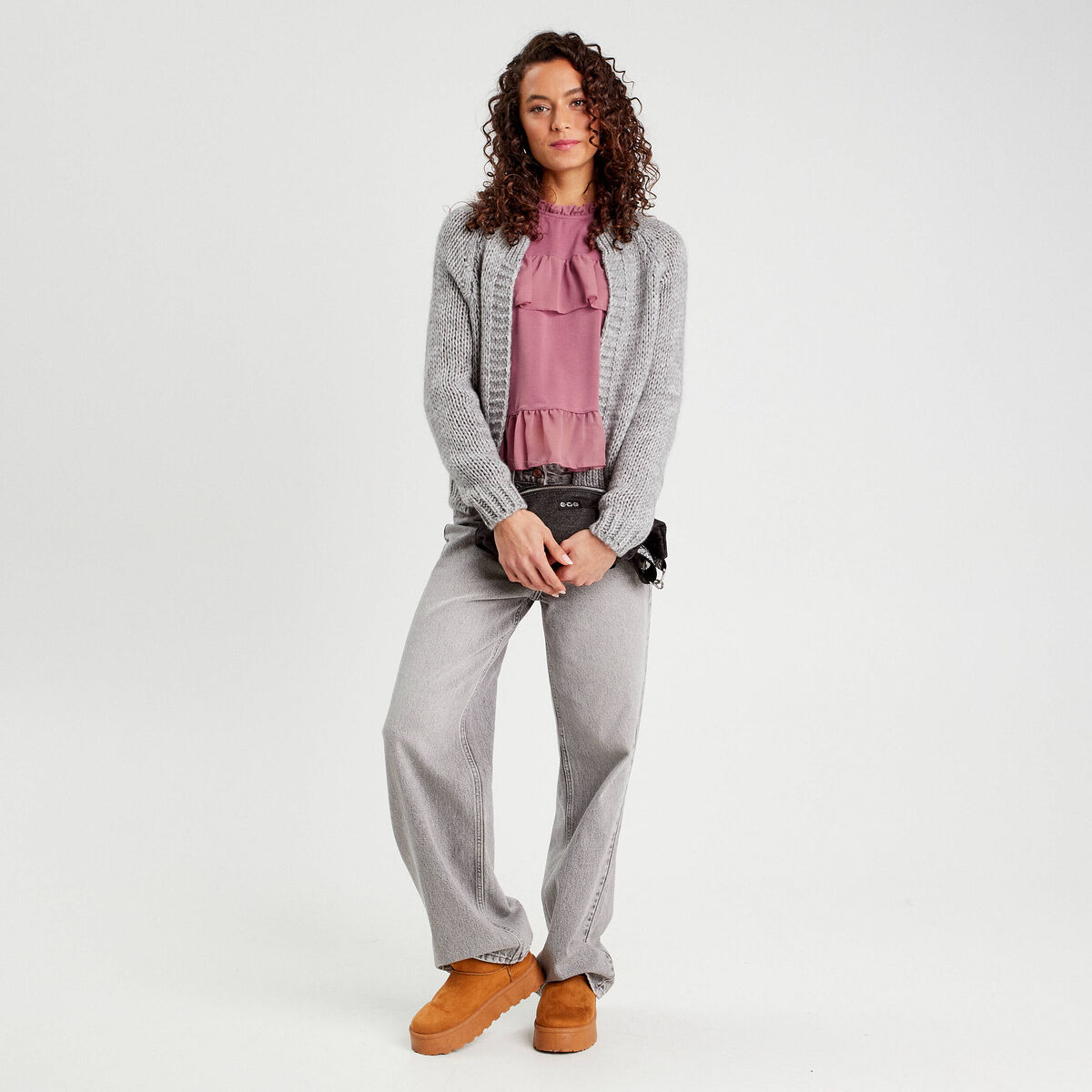 Gilet manches longues gris clair femme