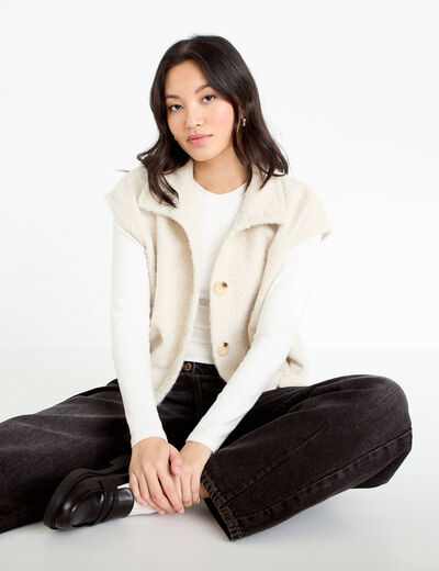 Veste bouclette sans manches col montant sable femme