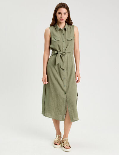 Robe longue évasée boutonnée vert kaki femme