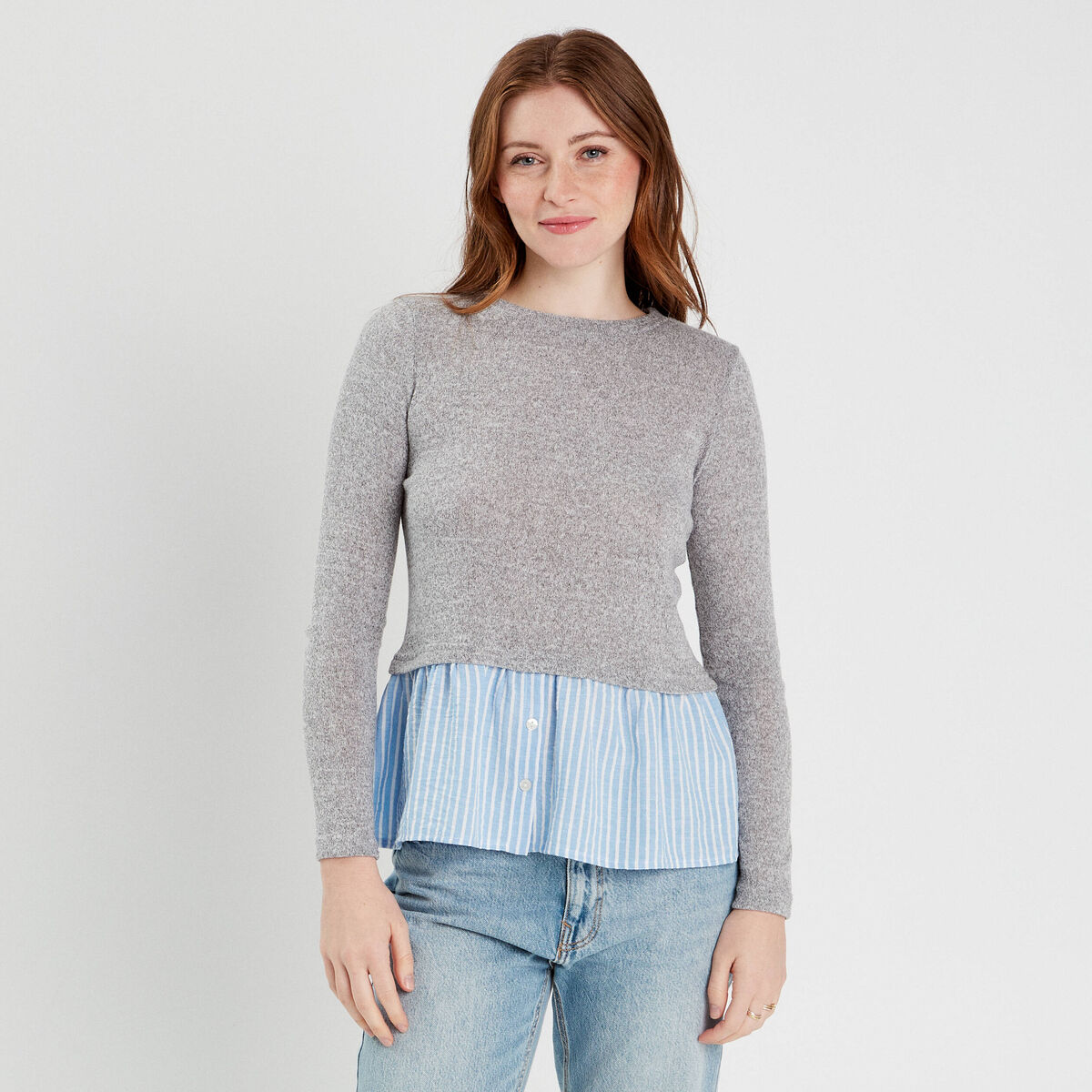 Pull effet 2-en-1 chemise gris clair femme