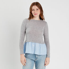 Pull effet 2-en-1 chemise gris clair femme