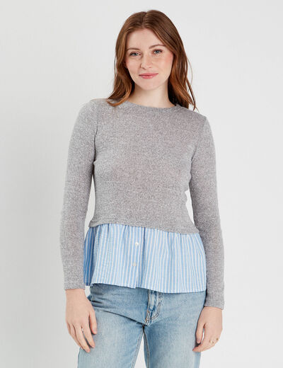 Pull effet 2-en-1 chemise gris clair femme