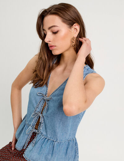 Blouse nouée en jean denim bleach femme