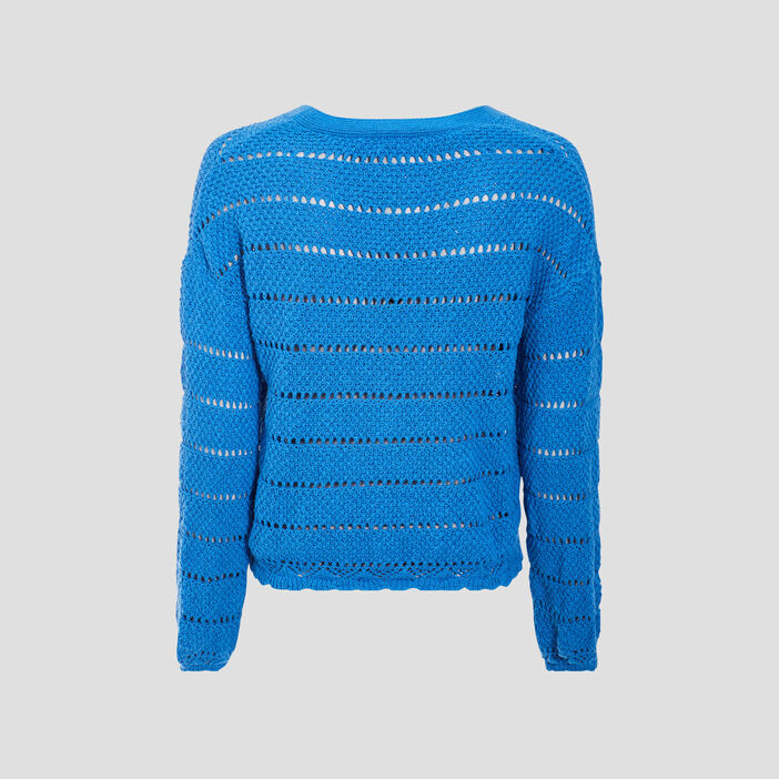 Gilet boutonné aspect crochet bleu femme