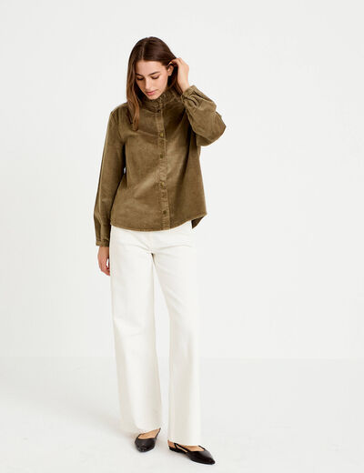 Chemise droite velours col montant vert kaki femme