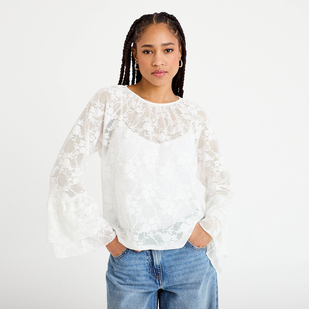 Blouse col rond manches longues dentelle ecru femme