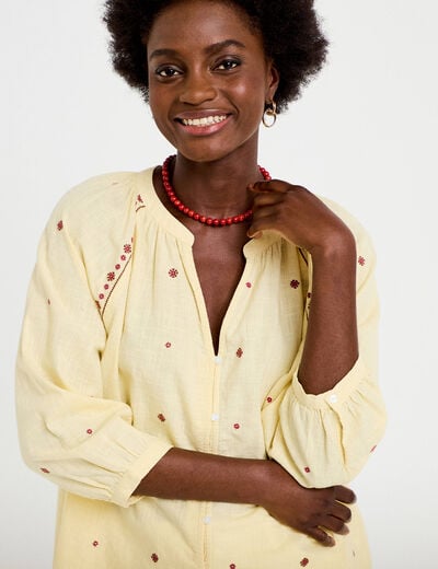 Blouse ample col tunisien manches 3/4 jaune pastel femme