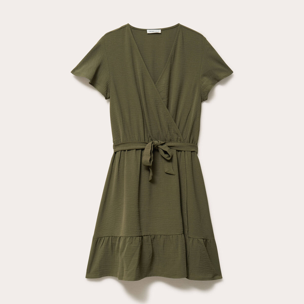 Robe courte &eacute;vas&eacute;e col v manches courtes vert kaki femme