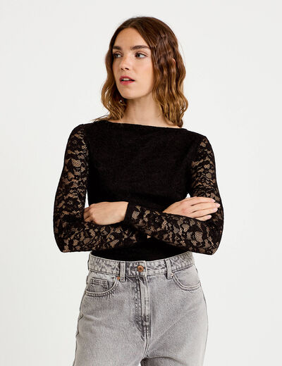 Body ajust&eacute; dentelle col bateau noir femme