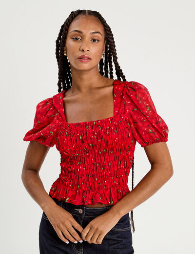 Blouse manches courtes smockée blanc femme